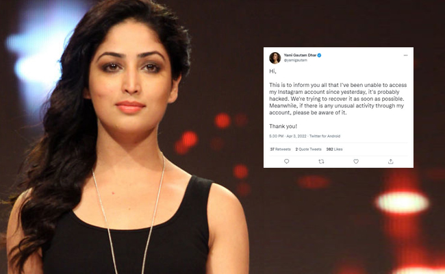 Yami Gautam informs fans on Twitter that her Instagram page must have been hacked