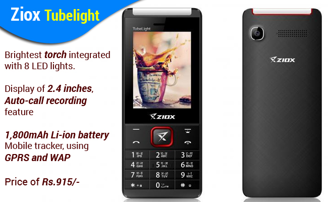 Ziox Tubelight feature phone with 8-LED torch launched for Rs. 915